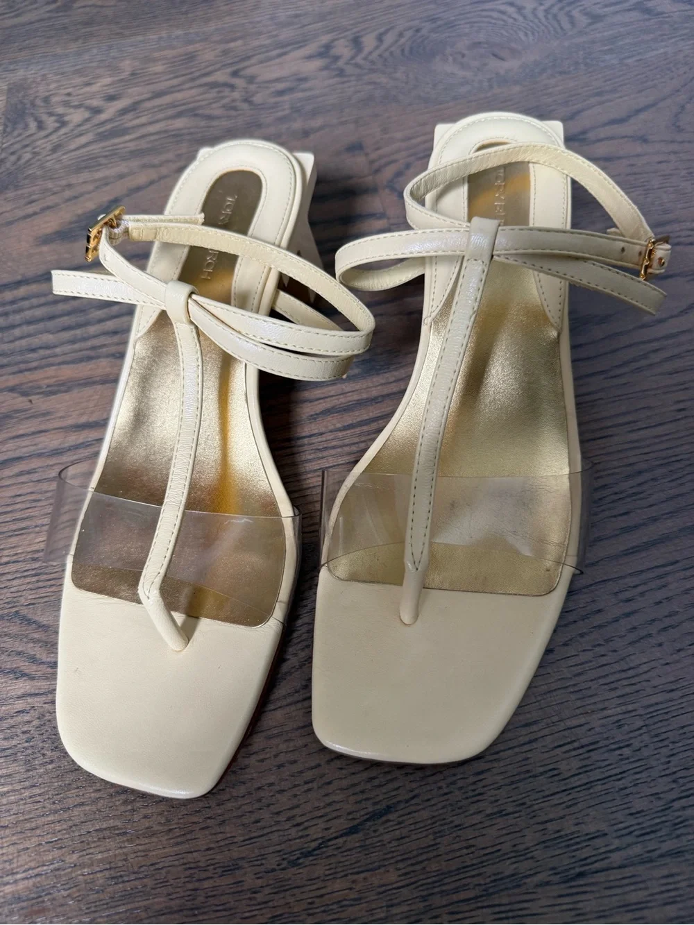 Tory Burch Block T strappy sandals in butter yellow with PVC straps, 9.5. EUC.